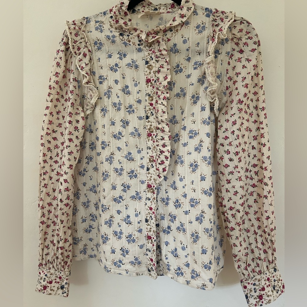 Sezane mixed floral cotton cottage core blouse size 38 US6